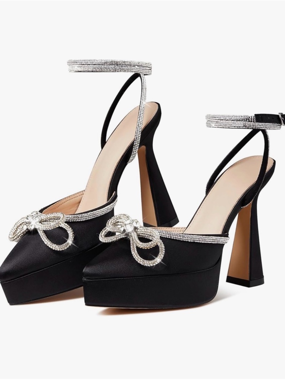 Jenn Ardor Black Satin Platform Heels with Crystal Trim Size 10M